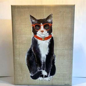 An Original KATHRYN WHITE Painting On Canvas, CAT Wearing glasses 12" X 16"
